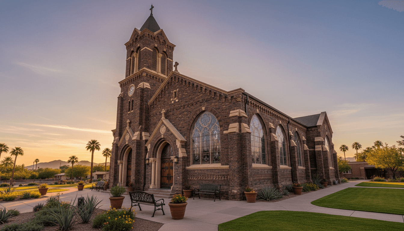 Historic 1893 church exterior housing Taco Guild restaurant in Phoenix