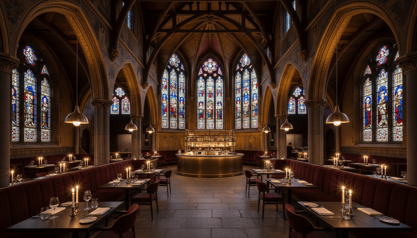 Taco Guild's stunning historic church interior with vaulted ceilings and elegant dining atmosphere