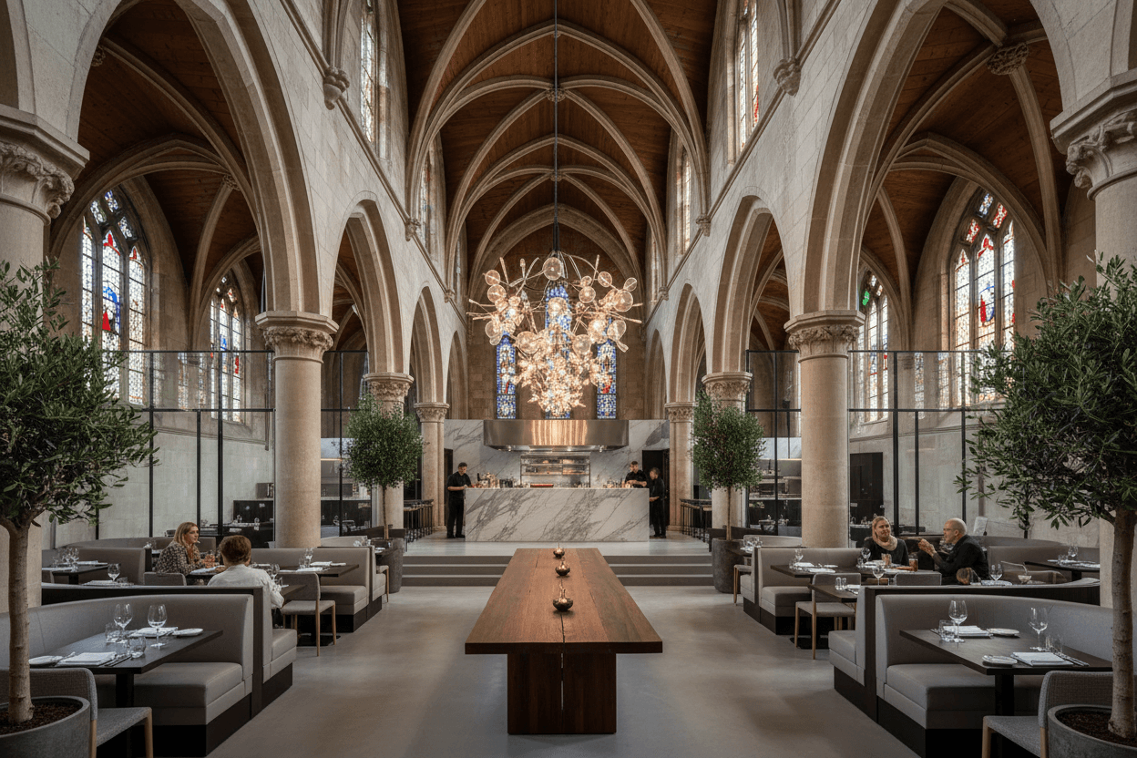 Beautifully restored church interior as Taco Guild restaurant