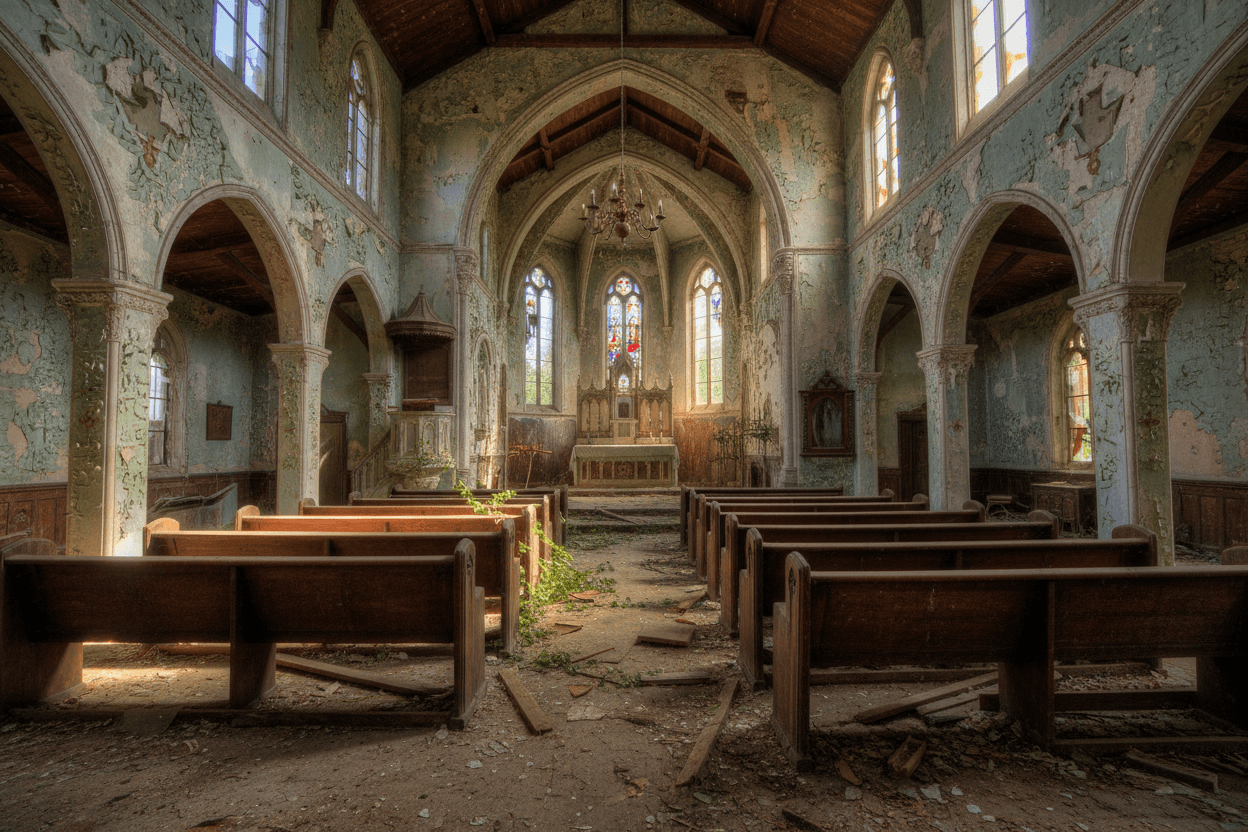 Church interior before restoration showing original architecture