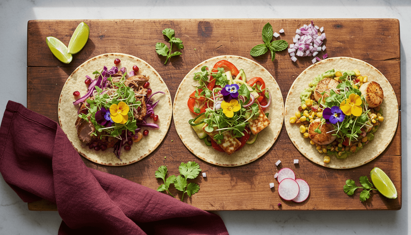 Artfully plated gourmet tacos with fresh ingredients at Taco Guild